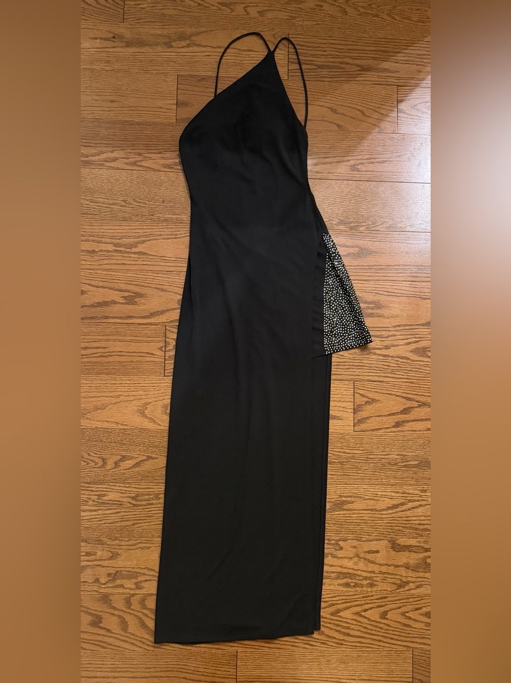 Nicole Bakti Black One-Shoulder Gown with Rhinestone Side Detail